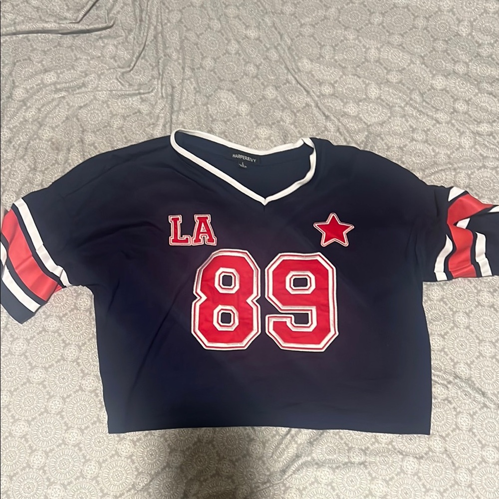 Blue and Red Cropped Jersey Top